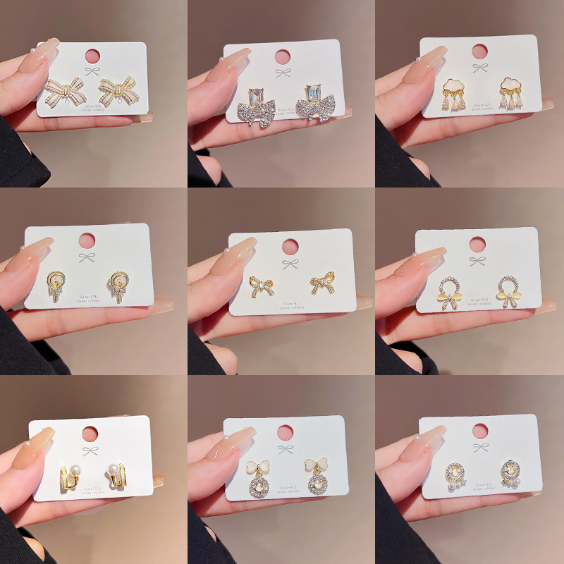 925银针小巧气质珍珠耳钉女高级感爱心蝴蝶结耳环ins时尚耳饰